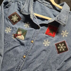 Vintage‎ Denim Christmas Shirt Embroidered Snowman Snowflakes XL 2XL VTG